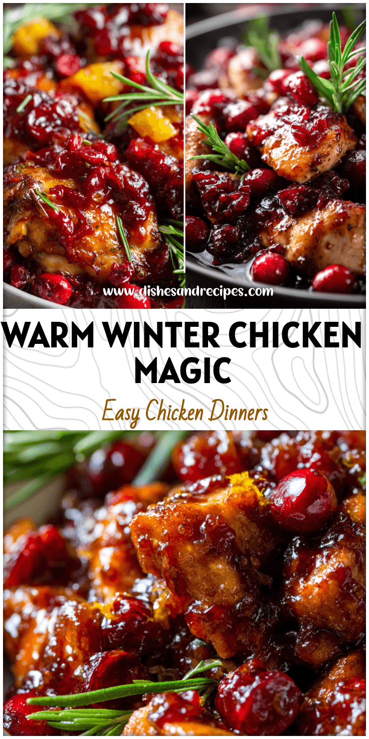 Plated cranberry orange chicken with bright cranberry orange sauce and sprigs of rosemary for a festive dinner.